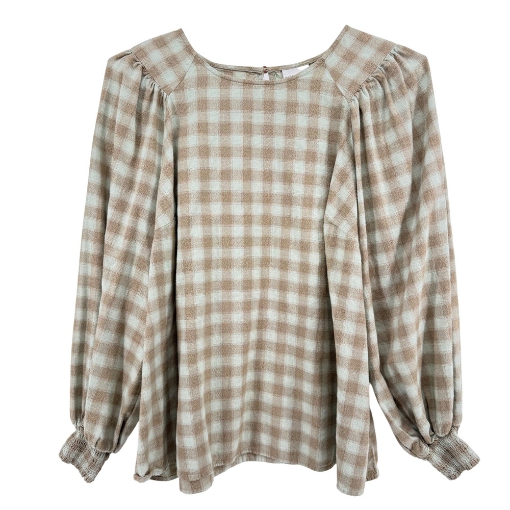 AVA & VIV Flannel Plaid Long Sleeve Gathered Cuff Top Mint Brown 1X